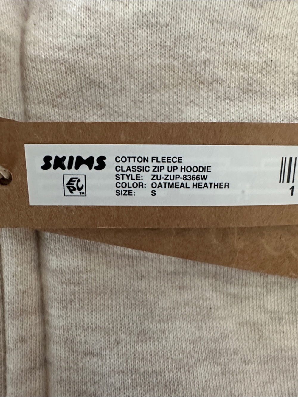 SKIMS Heather Oatmeal Cotton Fleece Zip Front Hoodie NWT - Picture 2 of 3